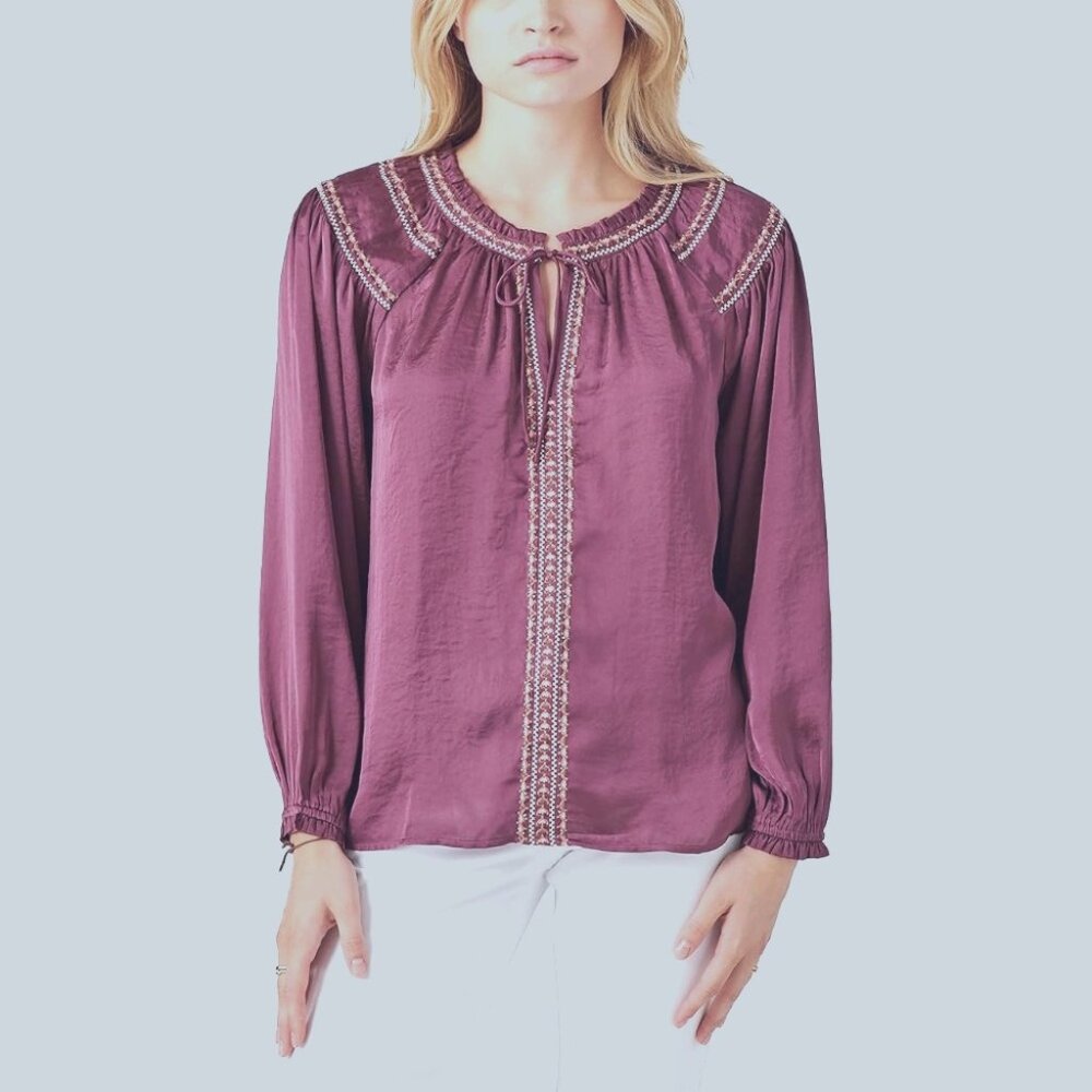 Lucky Brand Burgundy Embroidered Boho Long Sleeve Top | Size Medium